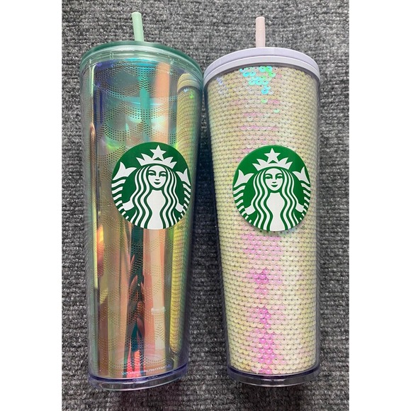 Two Starbucks Tumblers Holiday White Sequin & Iridescent 24‎ Oz Venti Lid Straw - Picture 1 of 11